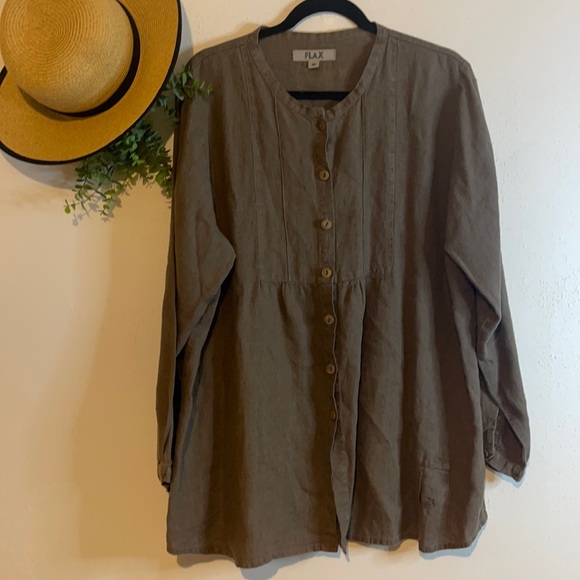 Flax Olive Green Long sleeved button up Linen Tunic Top Blouse Sz Medium - Picture 1 of 11